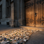 Fotorealistisches Bild einer massiven verschlossenen Holztür vor einem bunten Mosaikweg als Metapher für institutionelle Hürden.