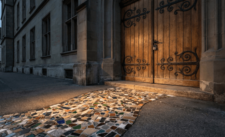 Fotorealistisches Bild einer massiven verschlossenen Holztür vor einem bunten Mosaikweg als Metapher für institutionelle Hürden.