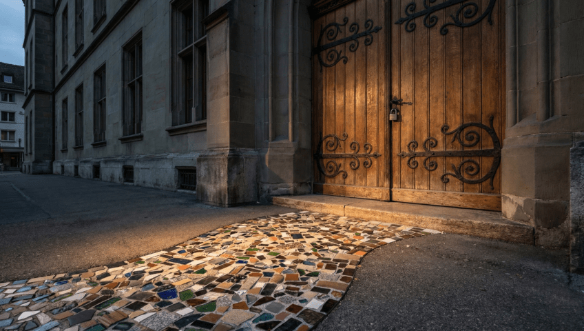 Fotorealistisches Bild einer massiven verschlossenen Holztür vor einem bunten Mosaikweg als Metapher für institutionelle Hürden.